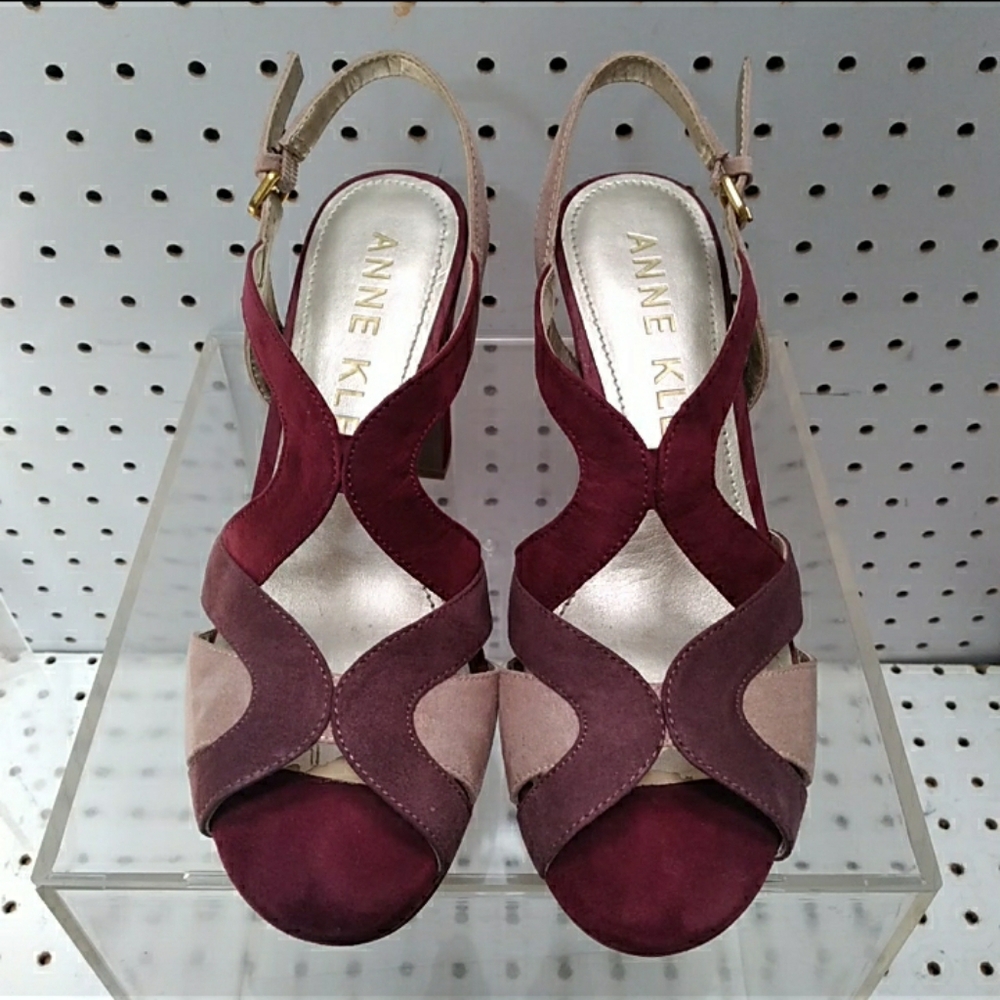 Anne Klein Women Burgundy Sandals Suede Straps Block Chunky Platform Heel Pump - Picture 10 of 12